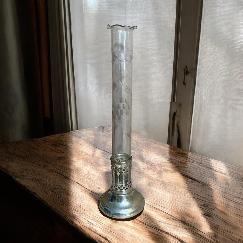 Vintage Bon Ton Elegant Silverplate & Etched Glass Bud Vase Propagation Vase